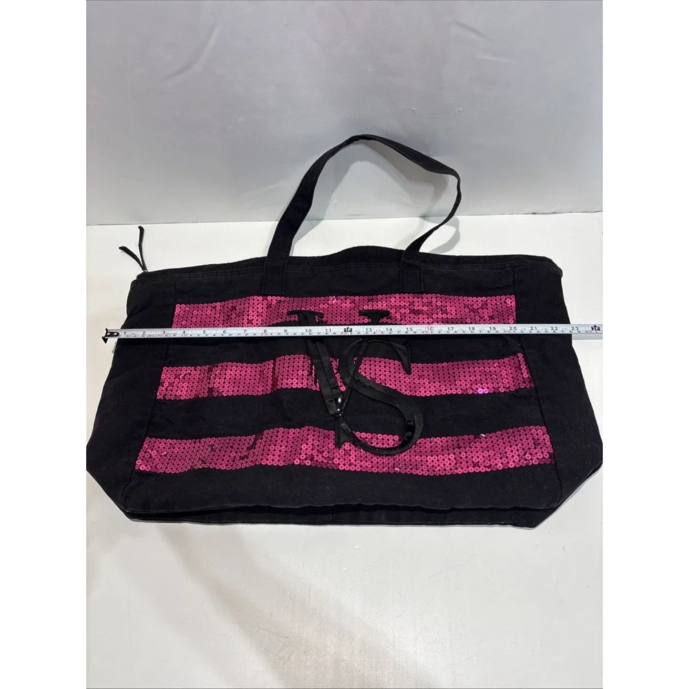 Victoria's Secret Black With Pink Sequin XL Tote Stripe Limited Edition Top Zip